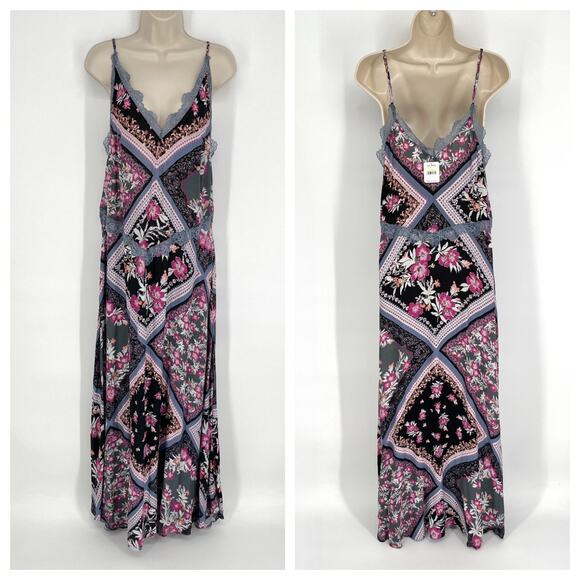 Intimately Free People NEW Stevie Printed Maxi Slip Dress Sz M Lace Graphite - Picture 1 of 15